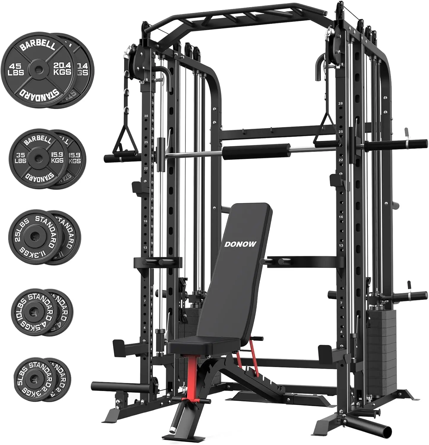 DONOW Smith Machine with Weight Stacks, Power Cage Home Gym System with LAT Pulldown Cable Crossover Multi-Functional Trainer with Dual Pulley System with Weight Bench Cast Iron Weight Plates 240lbs