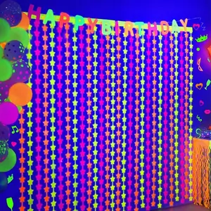 4-Piece Oversized Glow-In-The-Dark Party Set, Neon Party Decorations, Party Decoration Supplies, Decorative Banner, 3.3x6.6ft Star Metal Wire Fringe Curtains