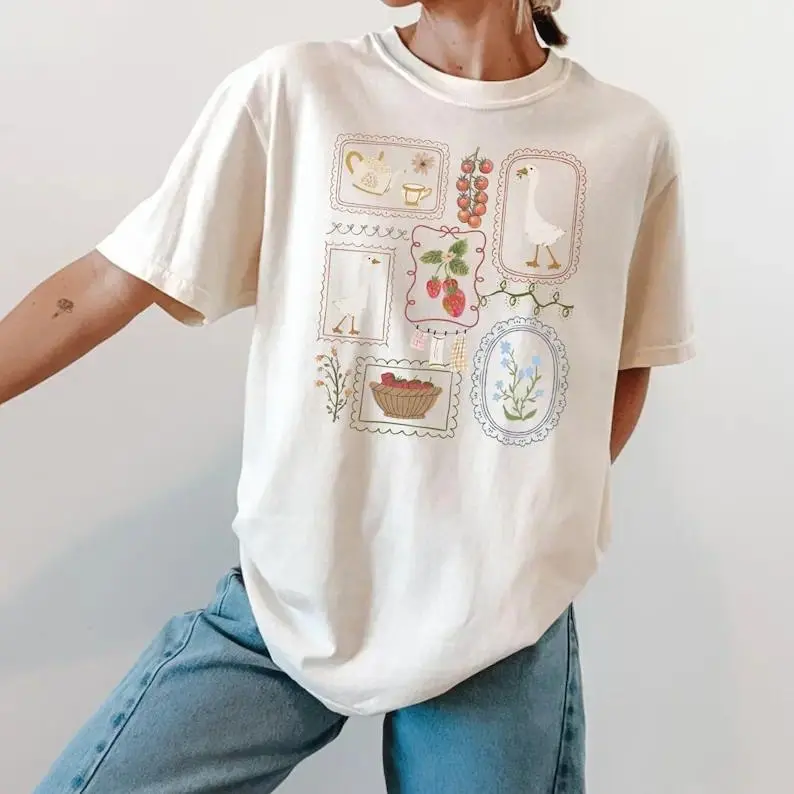Cottagecore Goose Graphic T-Shirt, Vintage Garden Aesthetic Tee, Cute Farmcore Pastoral Design, Soft Casual Crew Neck Top for Spring Summer Nature Lover Gift & Everyday Country Style Wear
