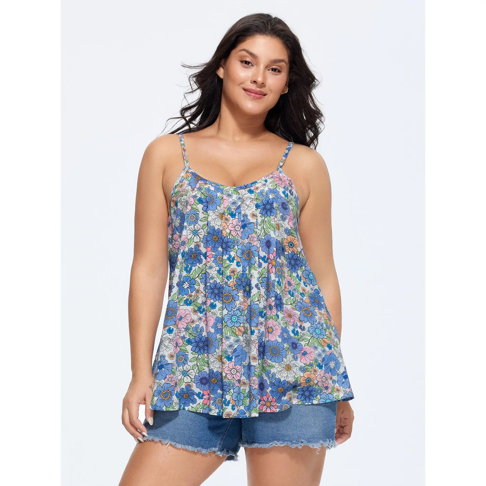 BloomChic Plus Size Lady's Floral Print Blouse, a Regular Fit Sleeveless Leisure Garment with Pleated Details in Soft Rayon Fabric, Plus Size Clothes, Extended Size Women's Tanks & Camis