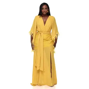 Golden Goddess Feather Sleeve Maxi Dress