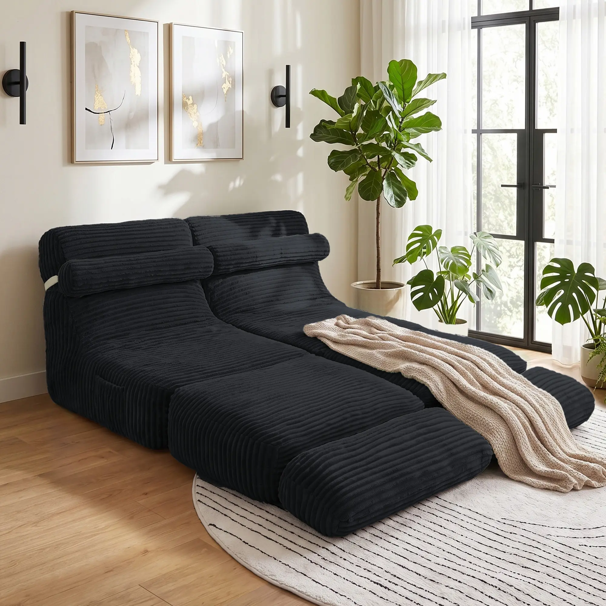 82" Extra Long 2-in-1 Folding Sofa Bed, Thick Corduroy Convertible Sleeper Chair with Pillow, Back Support, Side Pocket, Zippers & Handles, Portable for Office, Dorm, Guest Room, Living Room, Bedroom
