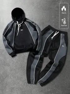 Men's Thermal Lined Tracksuit Set, & Block Hoodie and Joggers, Fitted Long Sleeve Sweatshirt for Fall & Winter
