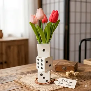 Ceramic Dice Vase - Unique Decor for Dried Flowers, Rose, Pampas Grass - Stunning Design for Any Modern Space for Inspiring Smiles