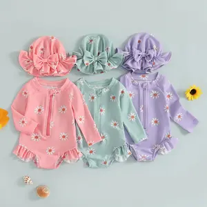 Baby Girl  Swimsuit Rash Guard Toddler Infant Zipper Long Sleeve Swimwear Hat Bathing Suit Swimwear