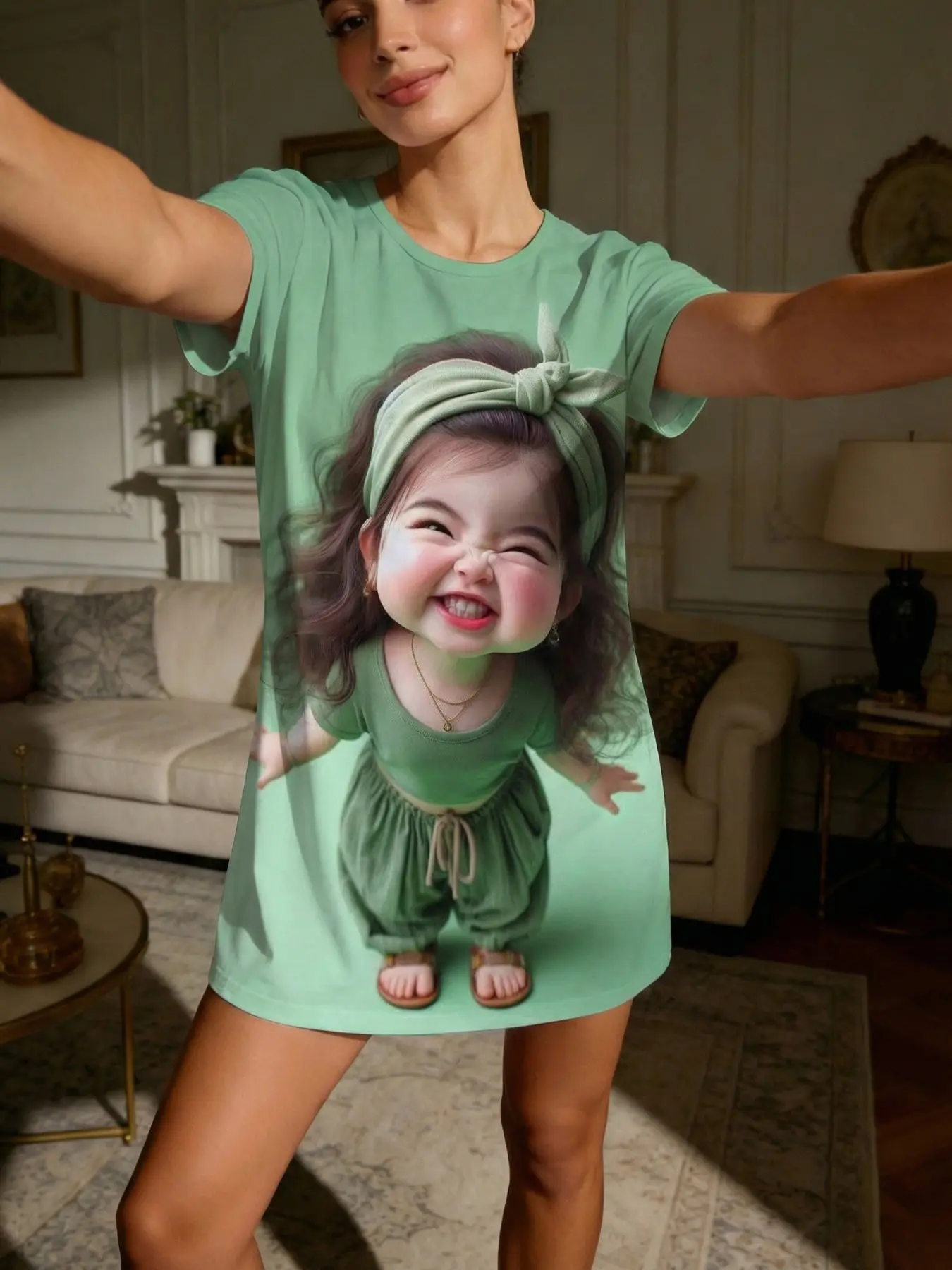 Cute Baby Face Print Short Sleeve Round Neck Lightweight Sleepwear Loungewear for Women, Casual Loose-Fitting Home Clothes, All Seasons Mint Green Comfortable Nightgown