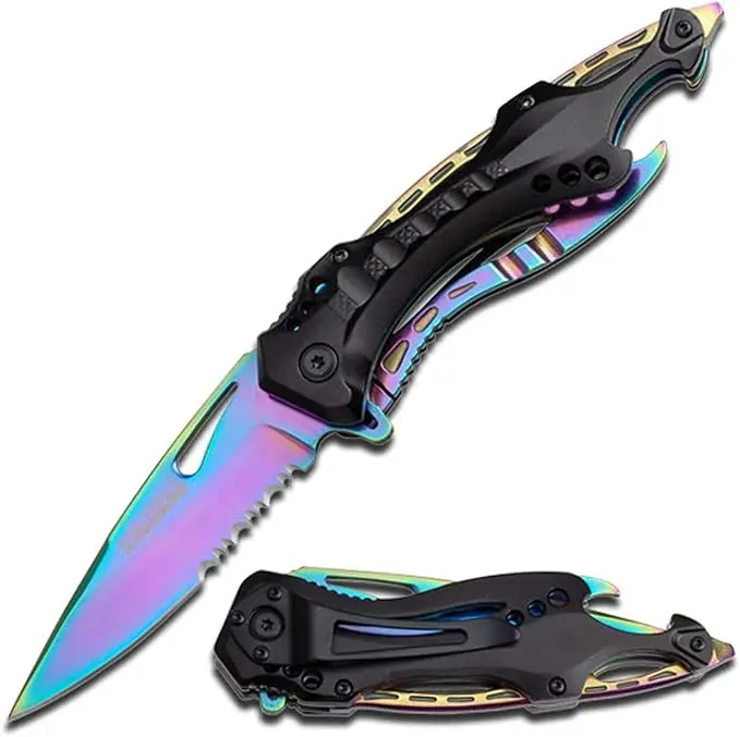 Tac-Force Folding Pocket Knife TF-705RB 3.25-inch Serrated Black Aluminum Handle 7.75-inch Overall Length