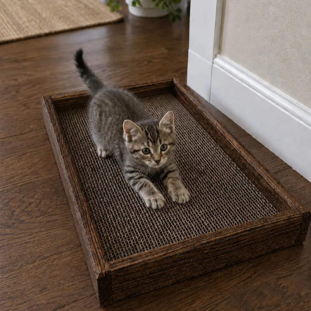 Premium Wooden Cat Scratcher for Indoor Cats – For Replaceable Corrugated Cardboard Inserts – Modern Cat Furniture