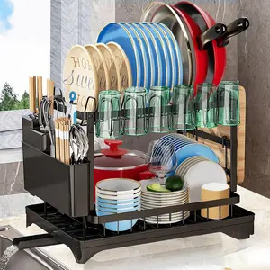 Large-capacity double-tier kitchen countertop dish rack with drip tray, featuring cutlery holder and cup rack. Suitable for bowls, plates, cutlery, cups and chopping boards. Available in black and white.