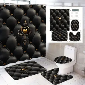 1/4pcs Luxury Black Shower Curtain Set with Gold Heart Floral Design, 4-Piece Bathroom Accessories (72x72" Curtain, Toilet Seat Lid Cover, Large & Small Bath Mats) - Perfect for Valentine’s Day, Anniversary, Romantic Home Decor