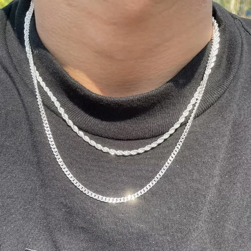 Men's 2-Piece 3mm Layered Cuban Link & Rope Chain Necklaces Set, 18-28in Silver Trendy Summer Vibes Jewelry, 2 piece sets for Boyfriend Anniversary & Birthday Gifting, Gifts For Boyfriend, Birthday Gifts For Bf, Stylish Accessories