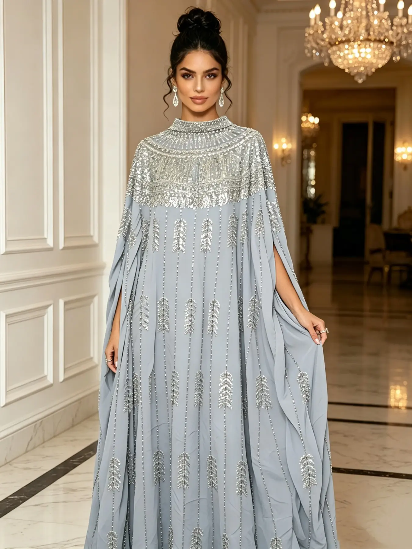 Women's Luxurious Chic Light Blue Abaya Long Dress, High Neck, Silver Color Sequins, Batwing Sleeves, Elegant Formal Kaftan Evening Gown, Wedding Party Wear, Evening Glam Gown