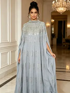 Women's Luxurious Light Blue Abaya Long Dress, High Neck, Silver Color Sequins, Batwing Sleeves, Elegant Kaftan Evening Gown, Wedding Party Wear