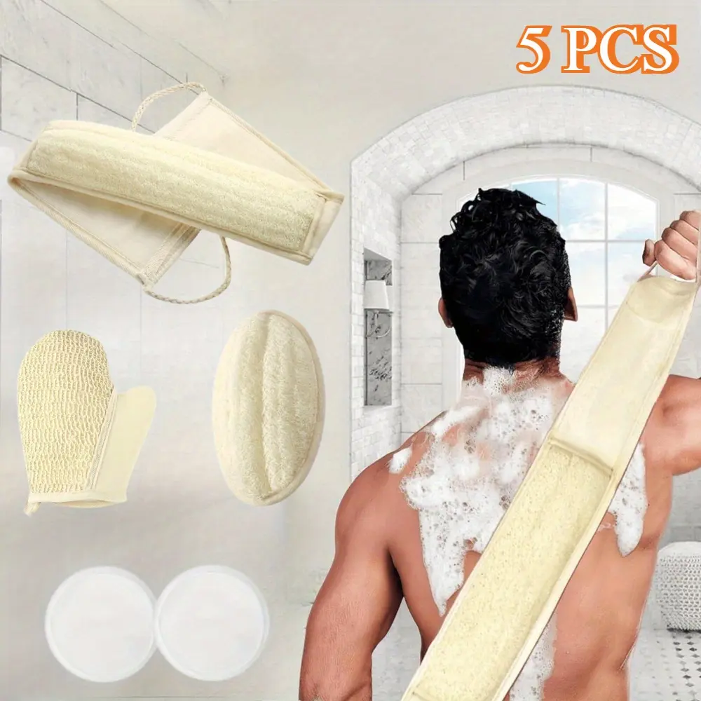 5-Pack Natural Loofah Sponge Set, Exfoliating Bath Accessories for Smoothing and Radiant Skin - Body Scrubber & Exfoliating Gloves for Men and Women, Cleanse, Terry Cloth, Elastic Band, Skin Cleaning