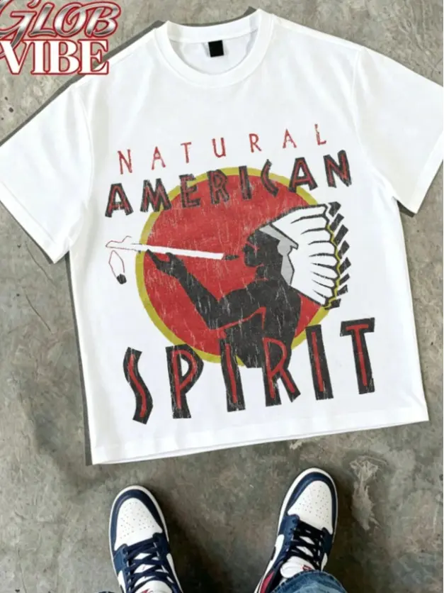 Distressed Natural American Spirit Indigenous Portrait Graphic Mens White Tee Vintage Grunge Crew Neck Short Sleeve Street Casual Daily Shirt