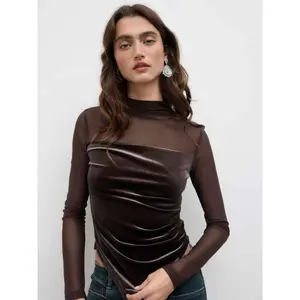 Cider Velvet High Neck Patched Asymmetrical Ruched Top