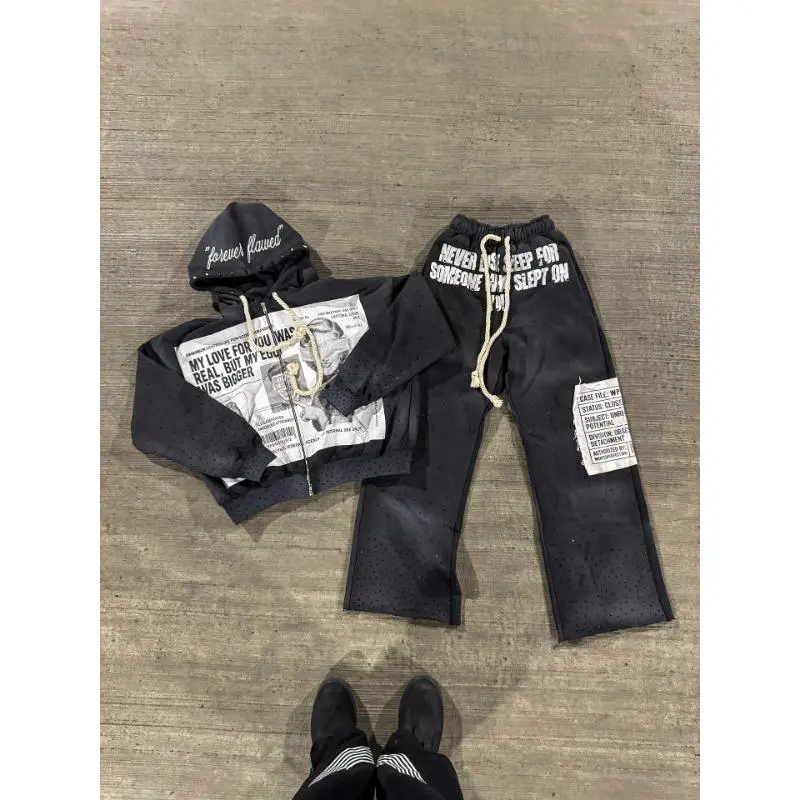 (New)Sweatshirt and pants Y2K New Gothic Punk Sportswear Two Piece Set Harajuku Retro Patchwork Printed Loose Zipper Hoodie Fashion Casual Sports Pants