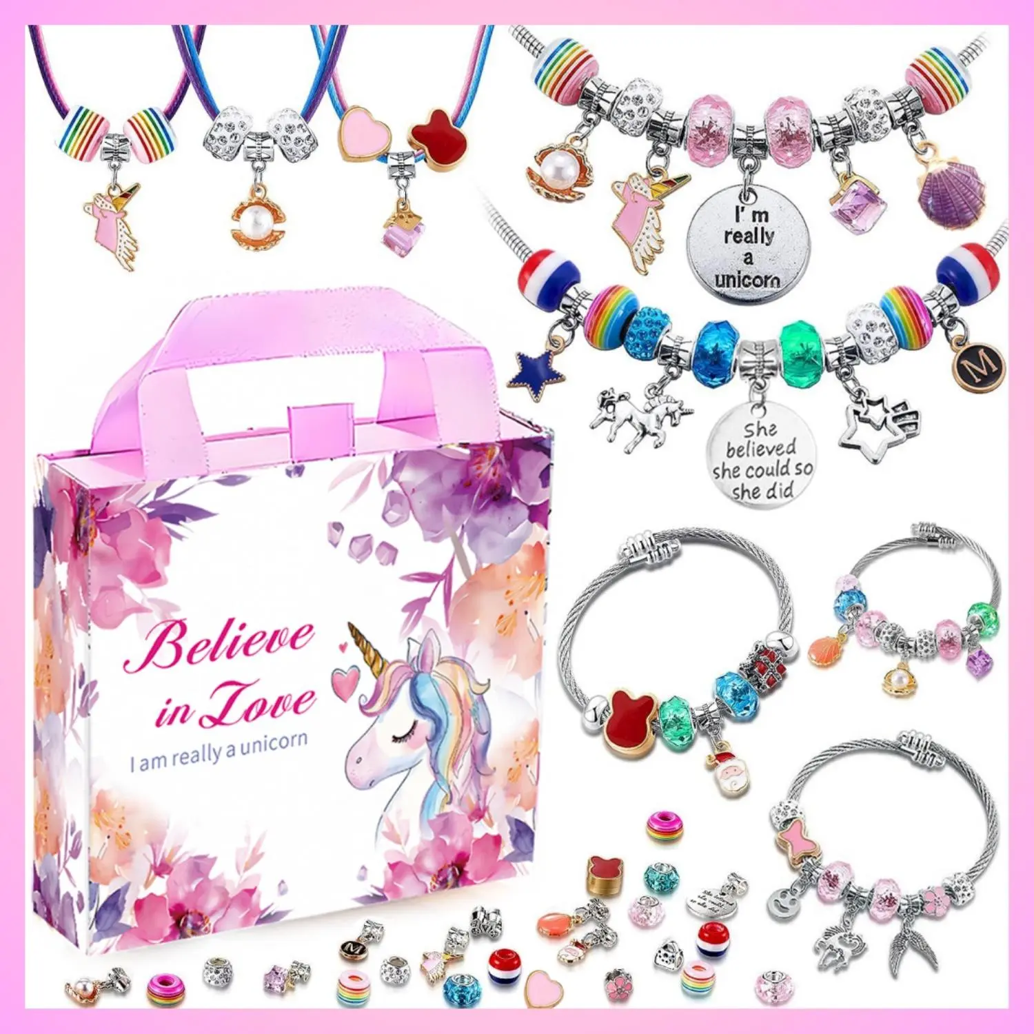 Unicorn DIY Jewelry Charm Bracelet Making Kit 61Pcs Mix Beads & Charms Set with Exquisite Gift Box Free Supplies for Bracelets Necklaces DIY Jewelry Decoration Unique Birthday Christmas Gifts for Girlfriend Mothers Day Gift Ideas