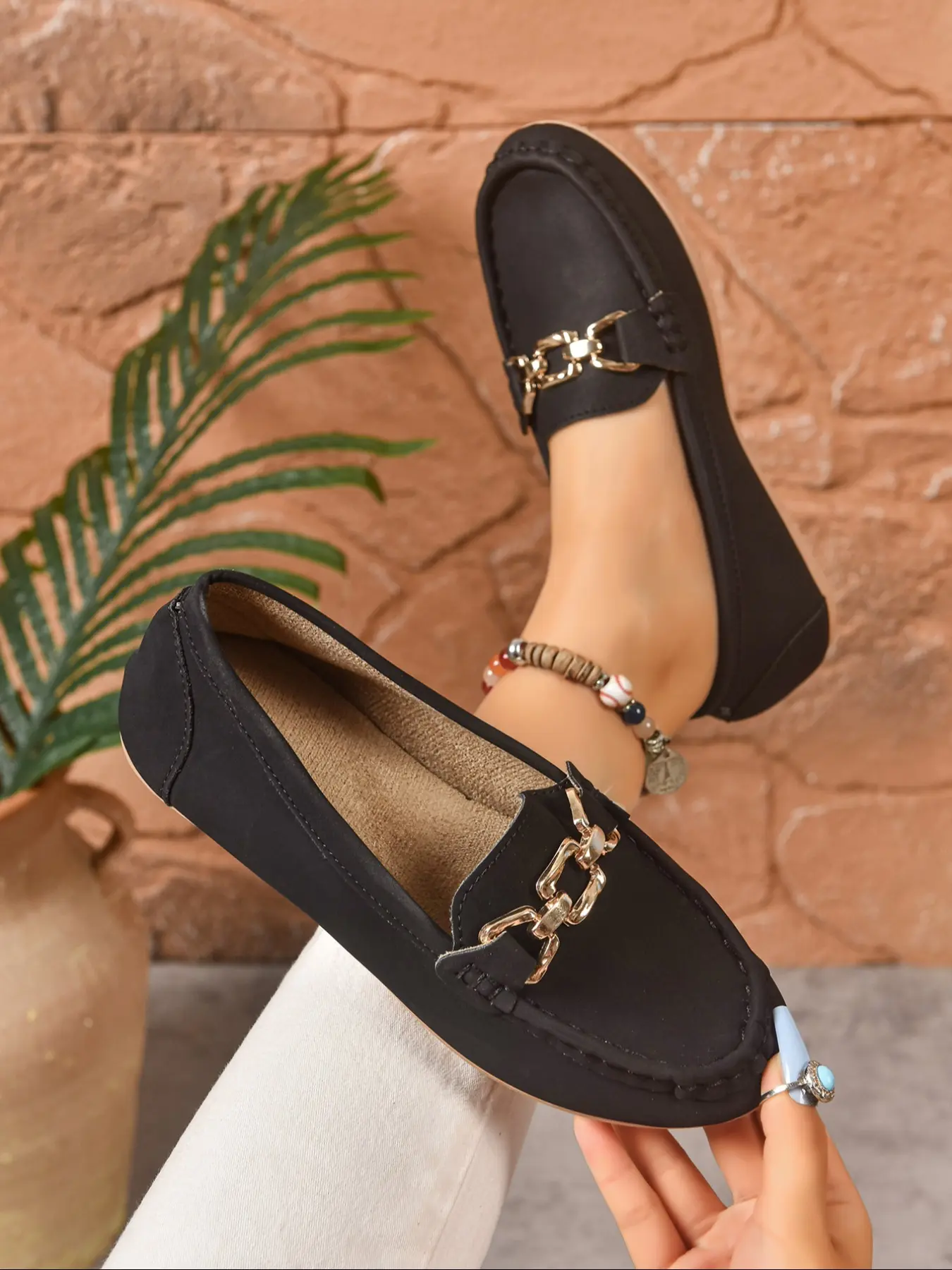 Women's Fashion Comfortable Loafers, Slip on Flats, Slip Ins Shoes, Dual Color Options Low Heel Anti-Slip Rubber Shoes, Wide Fit Commuter Casual, Black, Rubber Soled Shoes, Daily Wear Shoes