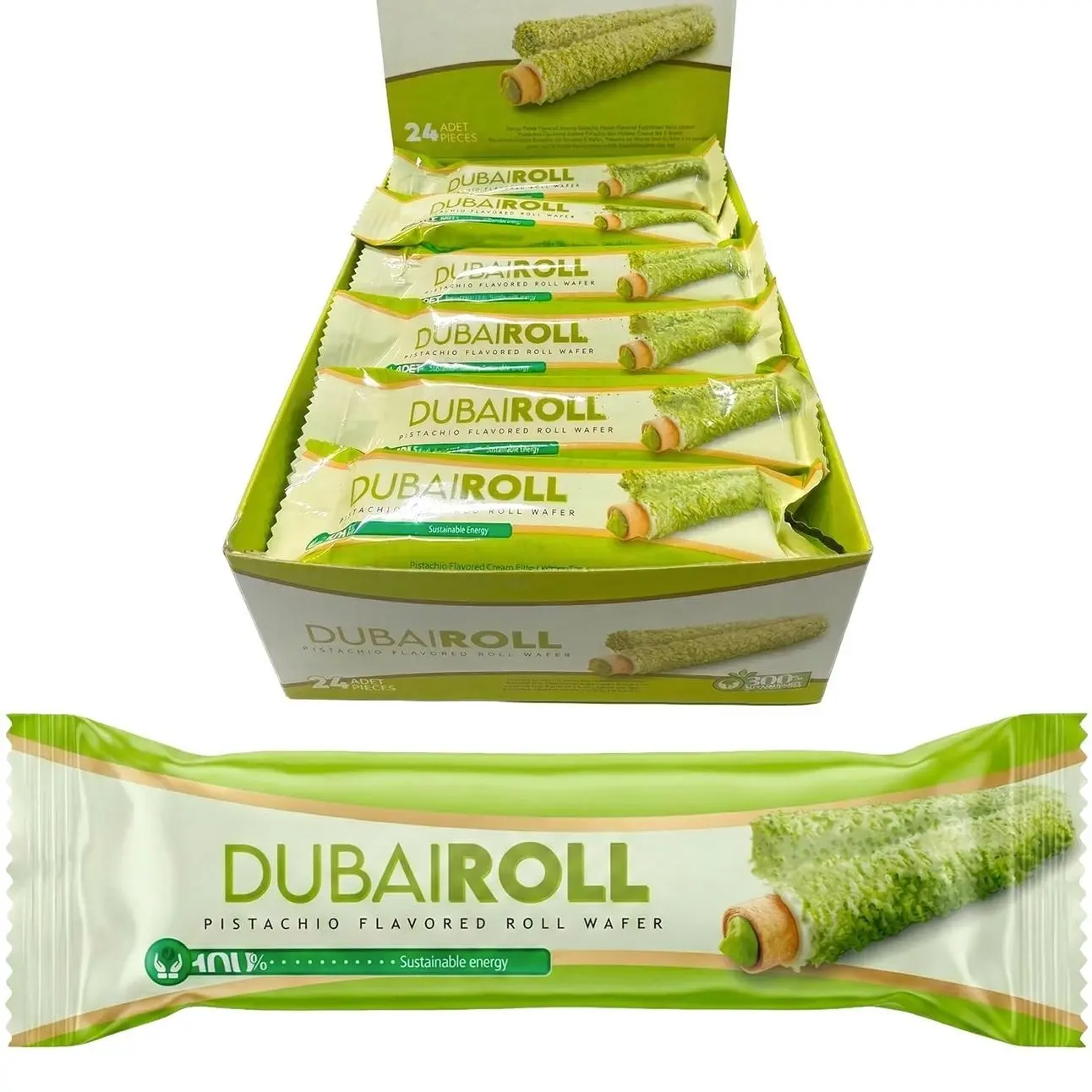 UNIQBITE Dubai Style Wafer Rolls, Pistachio Cream Filled White Chocolate Coated Roll Wafers, 24 Pieces x 0.63 oz