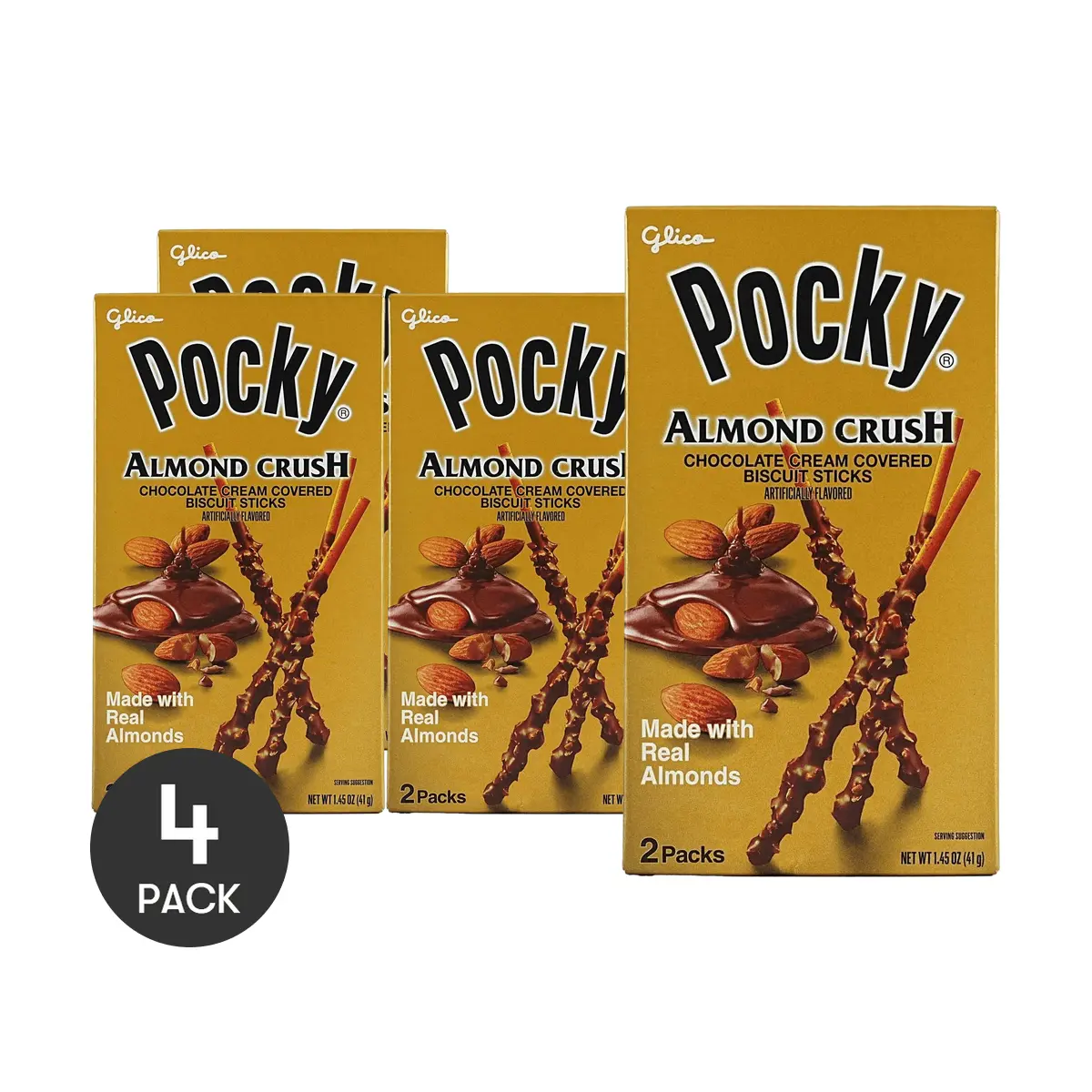 4 Pack GLICO POCKY Almond Crush Chocolate Biscuit Sticks 1.45 oz Each - Japanese Snack, Crunchy & Rich