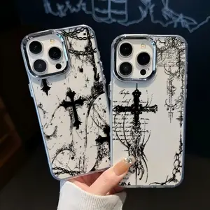 Cool dark gothic cross mark Phone Case For iPhone 17 16e 16 15 14 13 12 11 Pro Max X 8 7 Air Plus Plating Transparent Soft Cover