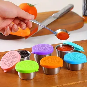 1.6oz Salad Dressing Container, 2/6 Counts Mini Colorful Reusable Stainless Steel Sauce Container with Silicone Lid, Portable Seasoning Cup for School Bento Lunch Box Restaurant Picnic Travel, Leakproof Airtight Containers, Food Storage