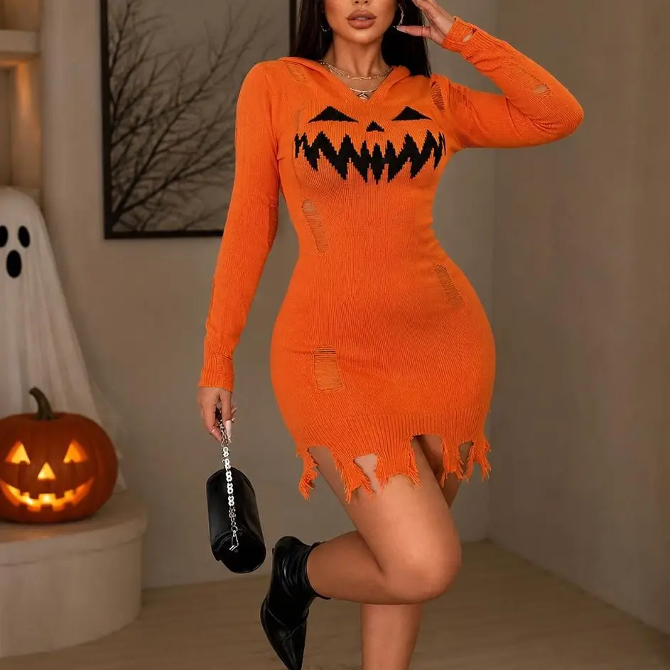 Women’s Halloween Pumpkin Hooded Mini Dress, Orange Distressed Bodycon Costume Dress