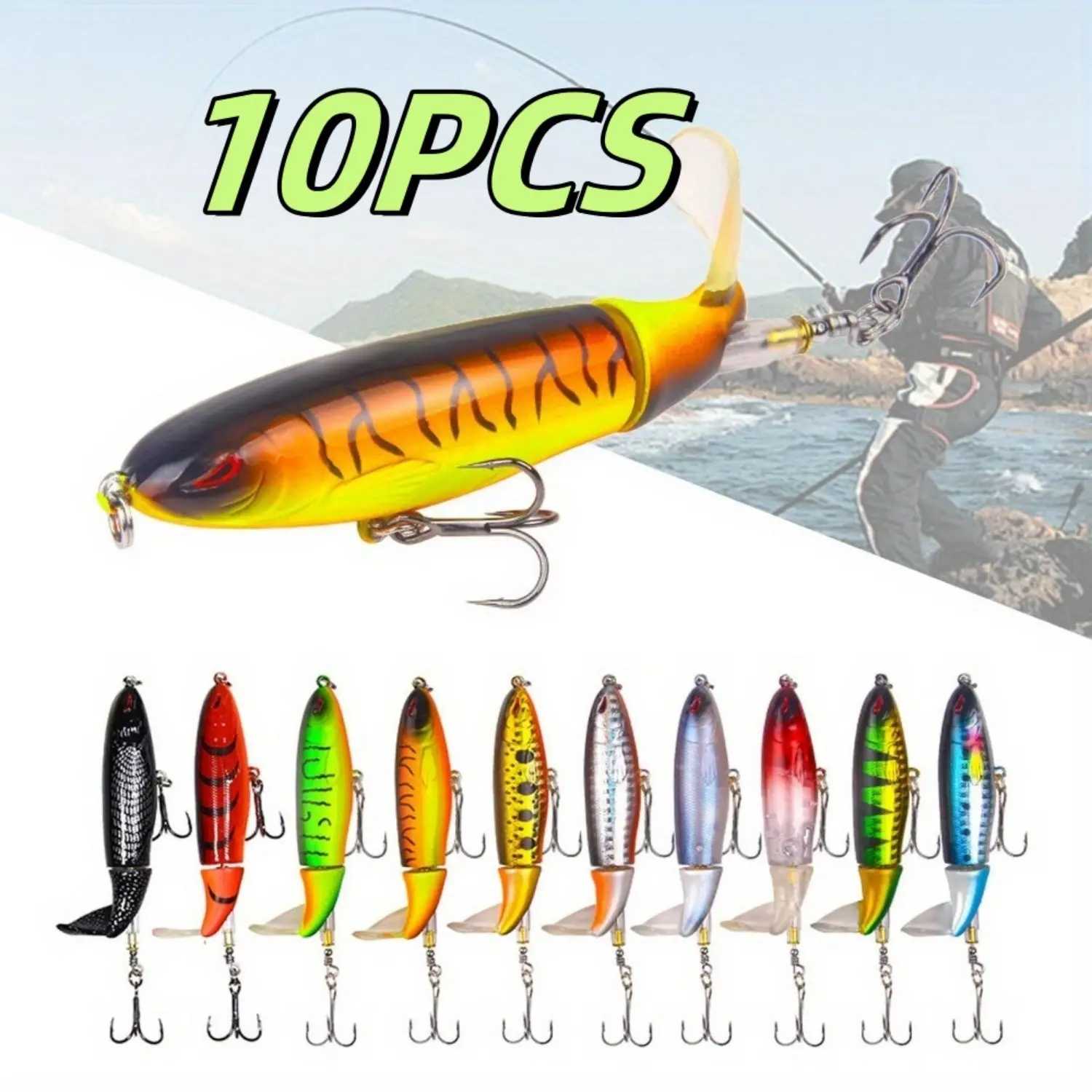 10Pcs 9cm Whopper Bass Fishing Lures, Top Water Popper Lures with Floating Spinning Tail, Barb Treble Hooks for Saltwater & Freshwater Plopping Lures Kit