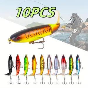 10Pcs 9cm Whopper Bass Fishing Lures, Top Water Popper Lures with Floating Spinning Tail, Barb Treble Hooks for Saltwater & Freshwater Plopping Lures Kit