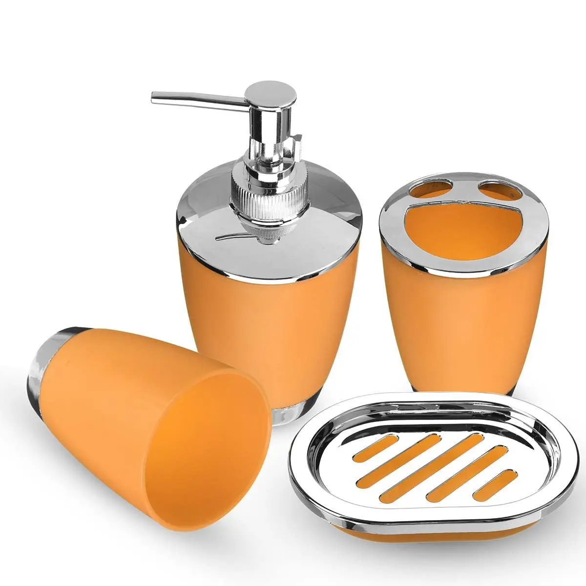 Watson Modern Eco-Friendly Acrylic Orange-Silver 4-Piece Bathroom Accessory Set - Includes Soap Dispenser, Organizers, and Storage Box, 4 Pieces