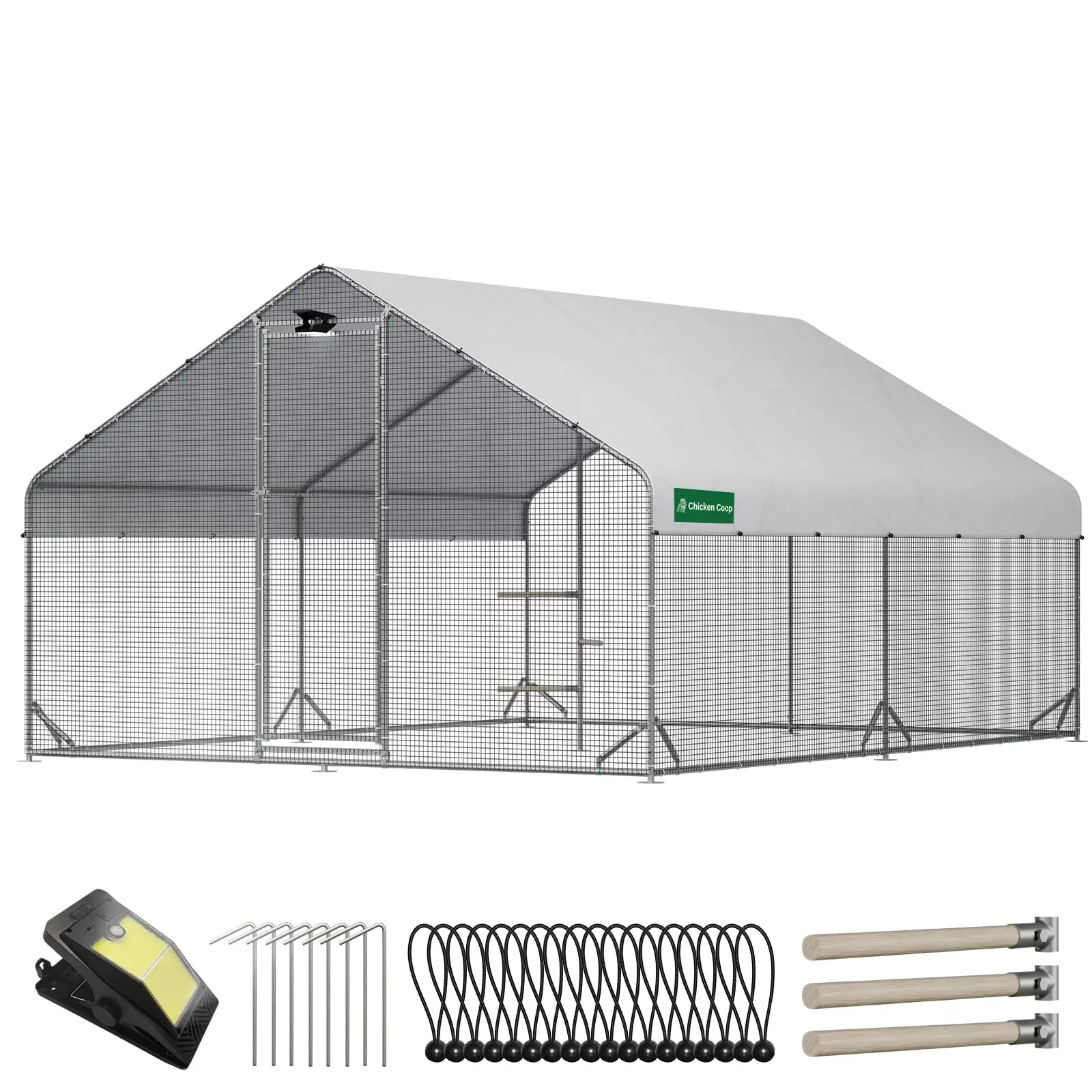 CHIKENCOOP Large Walk-in Metal Chicken Coop with Chicken Run & Hardware Cloth, Solar Light, Waterproof & UV-Resistant Cover, Outdoor Poultry Cage for Farm Use,2 Room