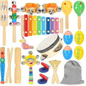 27Pcs Musical Instrument Toys Toddler Wooden Percussion Music Drum Set Kid Preschool Educational Toy for Aged 3 4 5 Boys Girls Gifts with Storage Bag for Christmas,Birthday,Musical Party