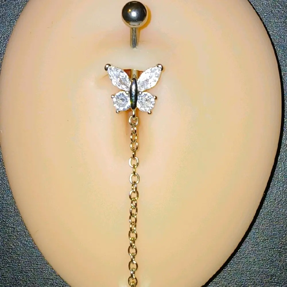 Butterfly Star Chain Belly Piercing with Crystal Accents and Gold Chain