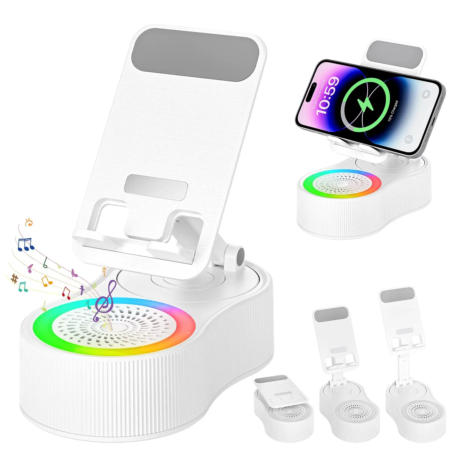 GMOX Bluetooth Speaker with HD Sound Quality, 5 in 1 Multi-function Phone Holder, Emergency Charging (4000mAh), Colorful Light, Wireless for Tablet iPhone Android Smartphone, Suitable for Room, Computer Desk, Office Desk, Living Room