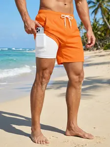 Mens 2 in 1 Beach Shorts with Phone Pocket, Summer Casual Board Shorts with Side Pockets, Quick Dry Swim Shorts Swim Trunks Swimming Shorts Drawstring Elastic Waistband Swimwear Swimsuit Bathing Suit