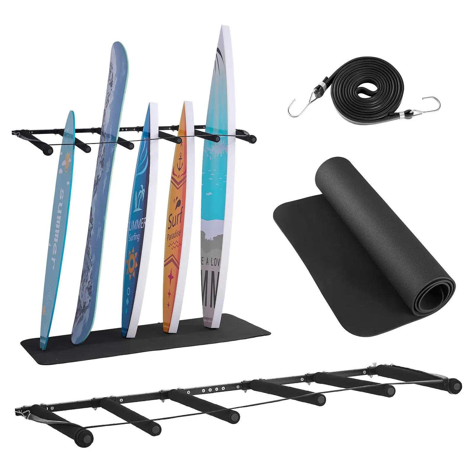 VEVOR 5-Tier Wall-Mounted Surfboard Rack, Rust Resistant Carbon Steel Organizer with Adjustable Spacing and Soft Padded Arms, Elastic Rope, Multi-Sized Fit, Wipe Clean, 5-Tier Rack, Durable, Long-Lasting
