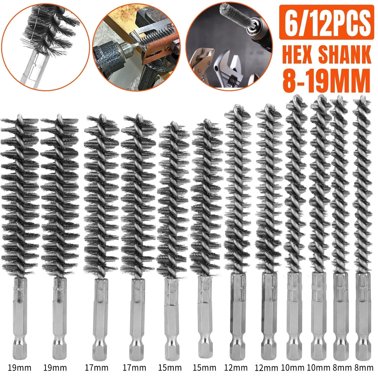 Dazone 6/12 Pcs Stainless Steel Bore Brush Set with 1/4" Hex Shank Twisted Wire Bristles, Different Sizes (8, 10, 12, 15, 17, 19mm) for Rust and Tube Cleaning Silver