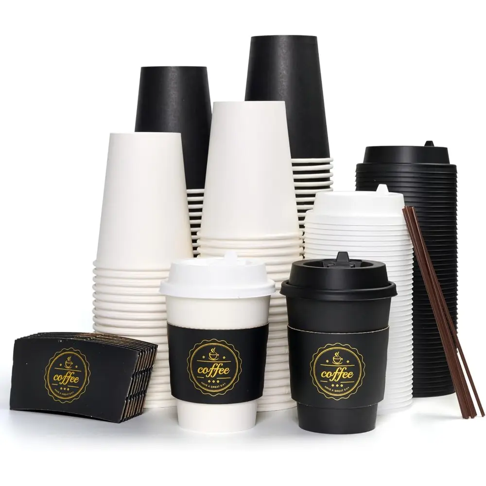 12 oz Insulated Disposable Drinking Cups - Sturdy Black & White Anti-Slip Insulated Paper Cups with Lids, Sleeves, Stirrers, 100 Pcs Disposable Tableware Set for Coffee Shops