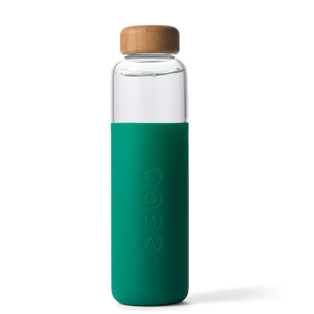 Soma 17 oz Glass Bottle with Bamboo Lid, Wide Mouth, and Plastic Cap
