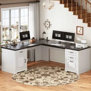 SEDETA Executive 69inch L Home office desk with drawers and storage cabinets and power outlets, corner workplace large desktop with storage drawers