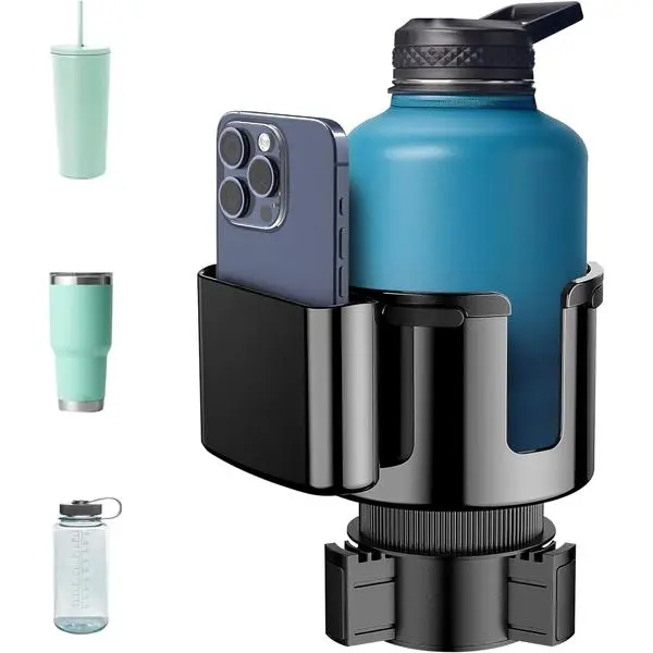 Econour Car Cup Holder Expander | Fits with Hydro Flasks, Yeti, Nalgene & Large Water Bottle (32 40 oz) | Phone Holder - Adjustable Automotive cupholder Extender for car with Expandable Base | Black
