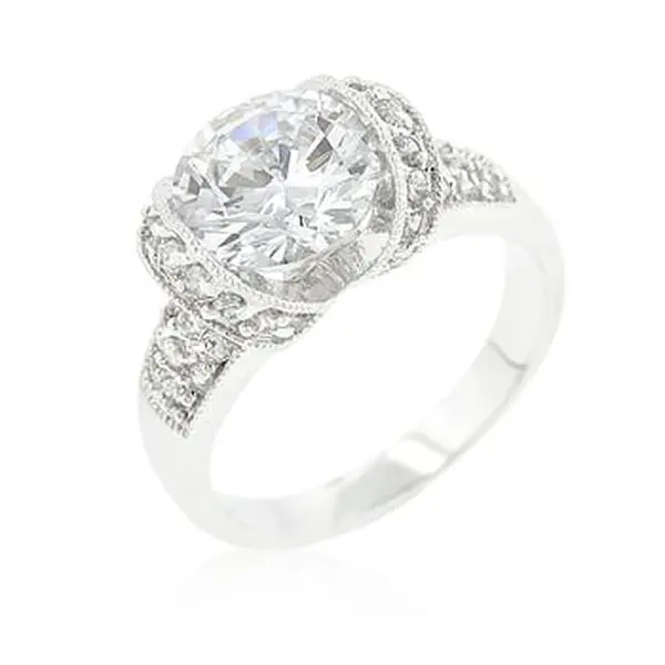Female Lead-Free Alloy Tension Set Engagement Ring - Genuine Rhodium-Plated Silvertone, Round Cut Cubic Zirconia Center & Accent Stones, Size 10 (Base Metal Core)