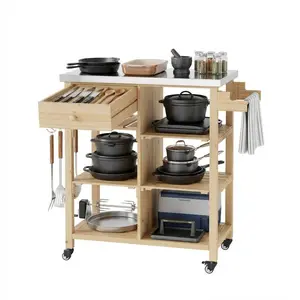 Outdoor Grill Cart for Patio and Garden – Sturdy Wood Frame, Stainless Steel Top, Storage Drawer, Open Shelves, Portable Rolling Kitchen Island with Towel Racks – Outdoor Prep Table and Bar Cart