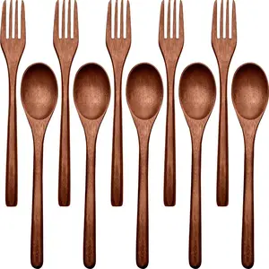 10Pcs Wooden Spoons Forks Set Wooden Utensils for Eating, Reusable Flatware Tableware Handmade Natural Cutlery Includes Spoon Fork for Cooking Eating Kitchen