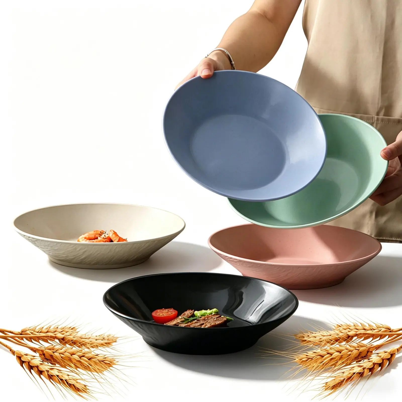 5 Pcs Lightweight Wheat Straw Plates Set, 9-inch Unbreakable Plastic Plates, Deep & Large Capacity Dinner Plate for Dessert, Salad, Kids and Adults, Dishwasher & Microwave Safe