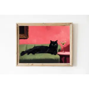 Black Cat with Martini Art Print | Cute Quirky Whimsical | Cocktail Art Bar Cart Decor | Fine Art Print Gift, Soft Touch, Feels