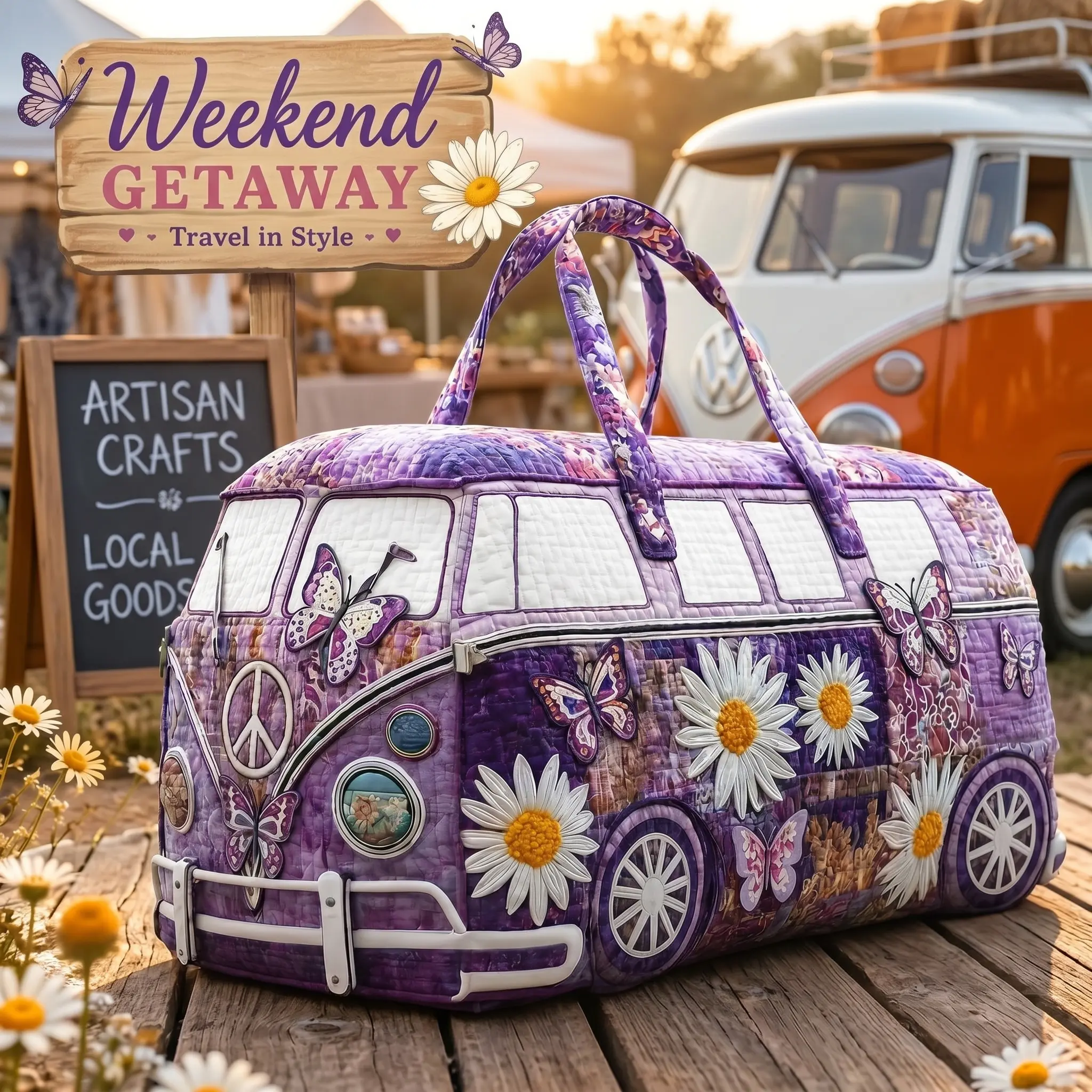 Purple Butterfly Daisy  Duffel Bag for Women, Retro Hippie Van Weekender Travel Bag, Large Capacity Overnight Tote, Boho Floral Gym Bag for Camping, Road Trips, Vacation & Weekend Getaways