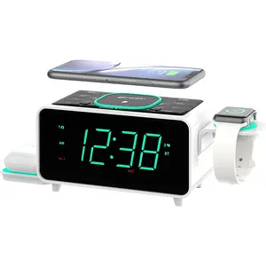 Smartset dual alarm clock fm radio with wireless charging bluetooth speaker ultra fast charging for airpodsiphone foldable stand usb charger adjustable led glow er