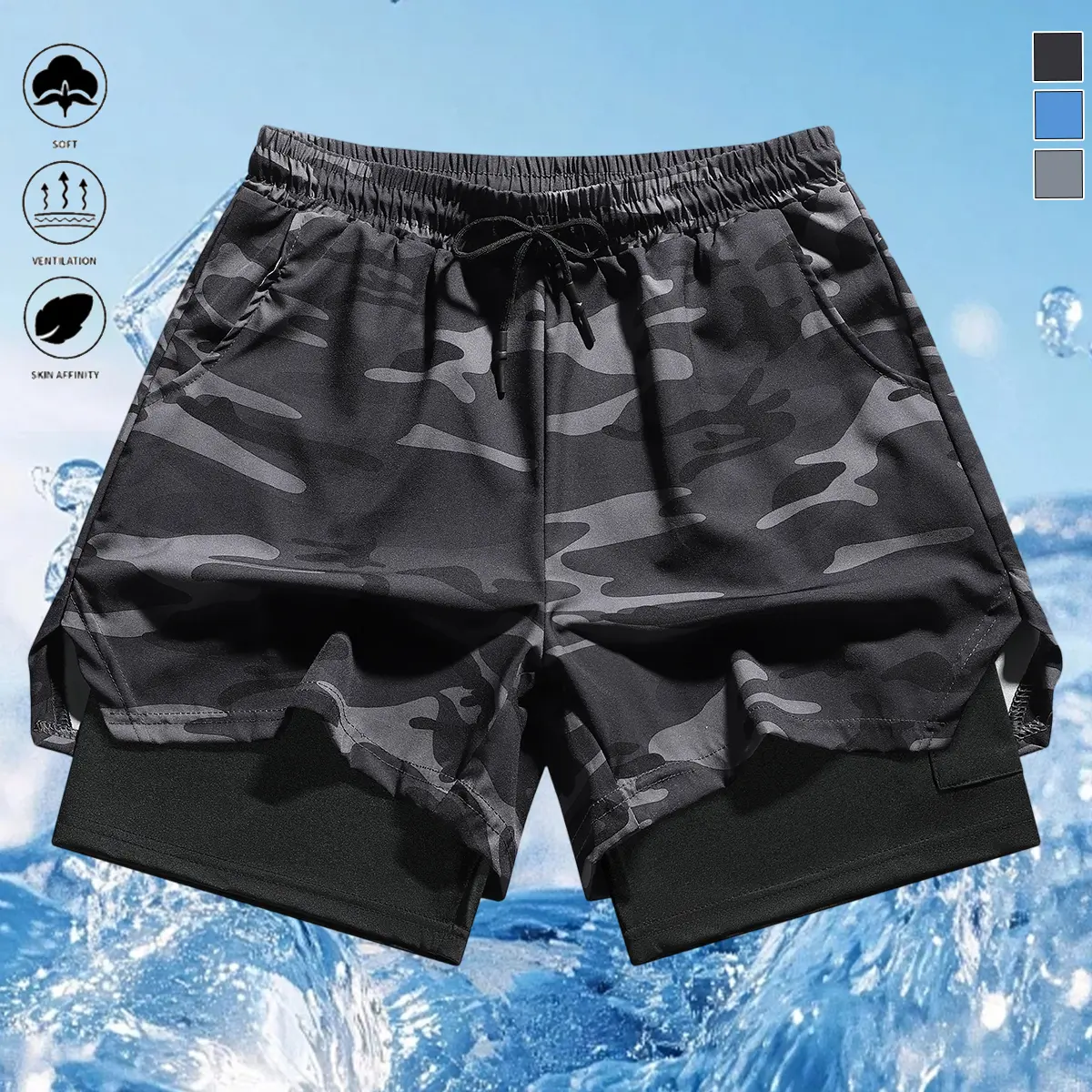 Men's Double-Layer Athletic Shorts, Camouflage Print Design - Breathable Quick-Dry Workout Shorts, Elastic Waistband , Lightweight Compression Training Shorts, for Gym Running Sports, Gym Shorts, Durable Sportswear, Stretchy Material, Fitness Enthusiasts